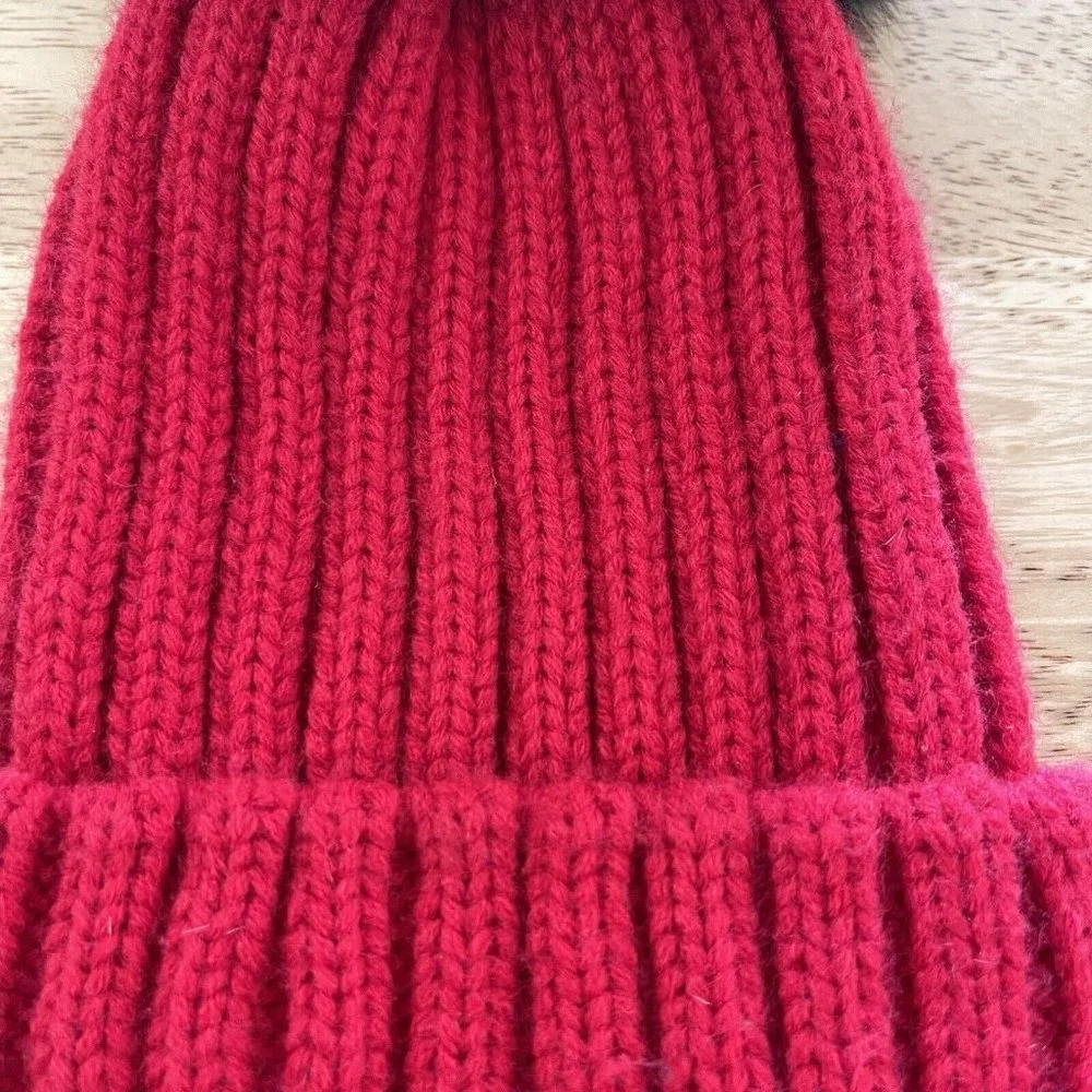 Winter Beanie Hat Cap Womens With Fur Pom‎ Pom Red Black Ribbed